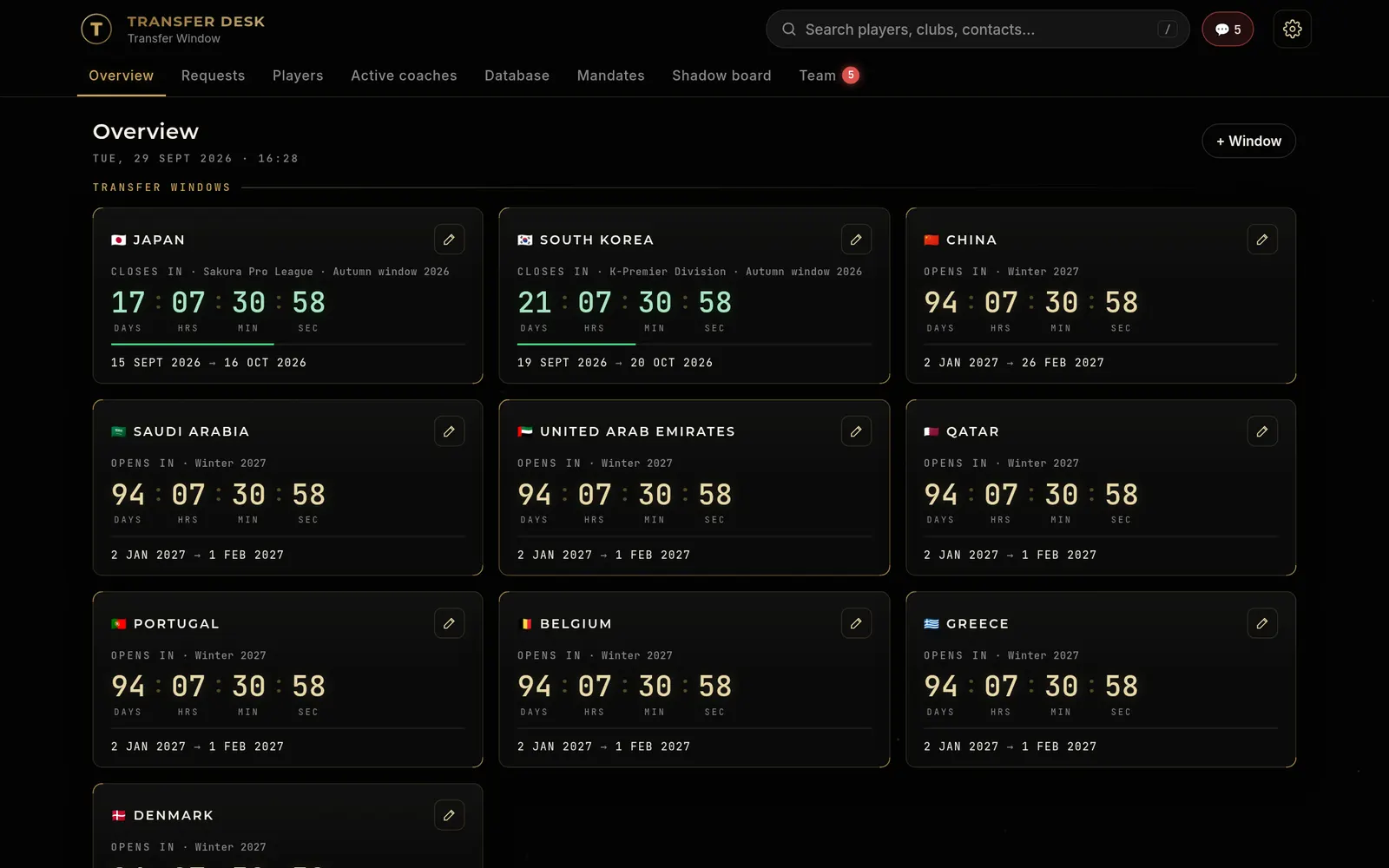 Transfer Desk overview: live countdowns for every transfer window